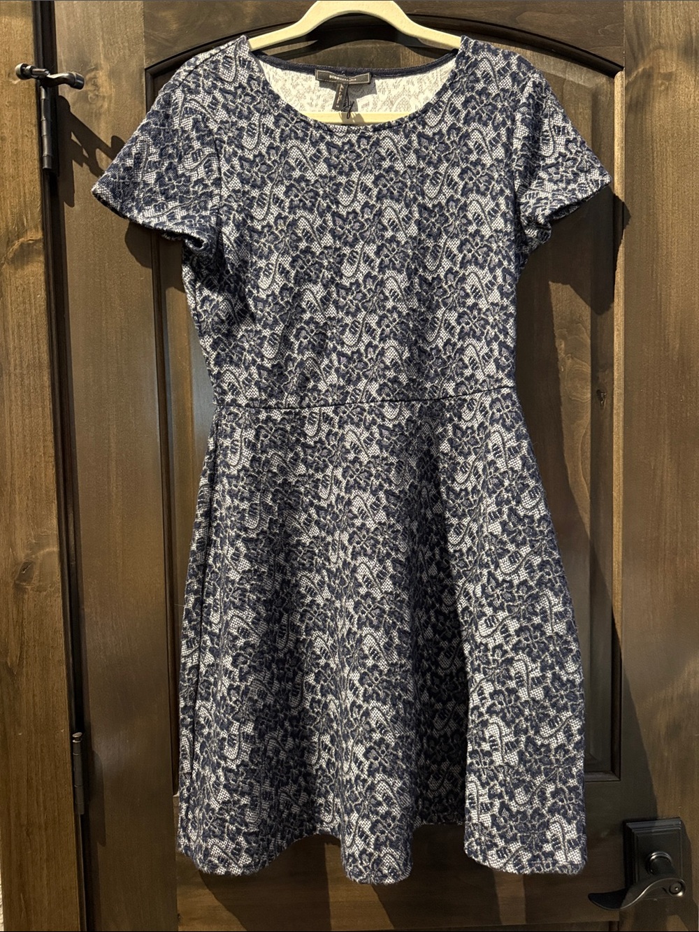 BCBGMaxAzria Navy and White Short-Sleeve Fit-and-Flare Dress